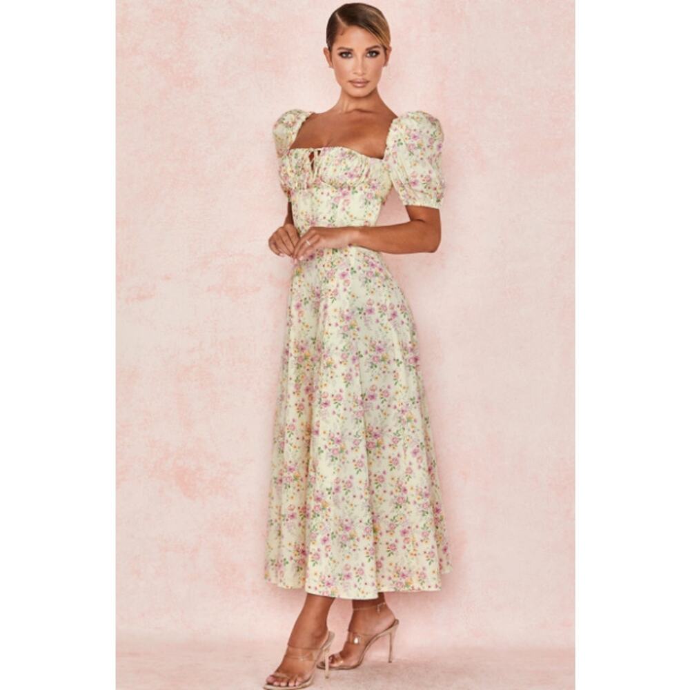 House of CB Tallulah Lemon Floral Puff Sleeve Midi Dress Sundress Cottagecore - Picture 11 of 15